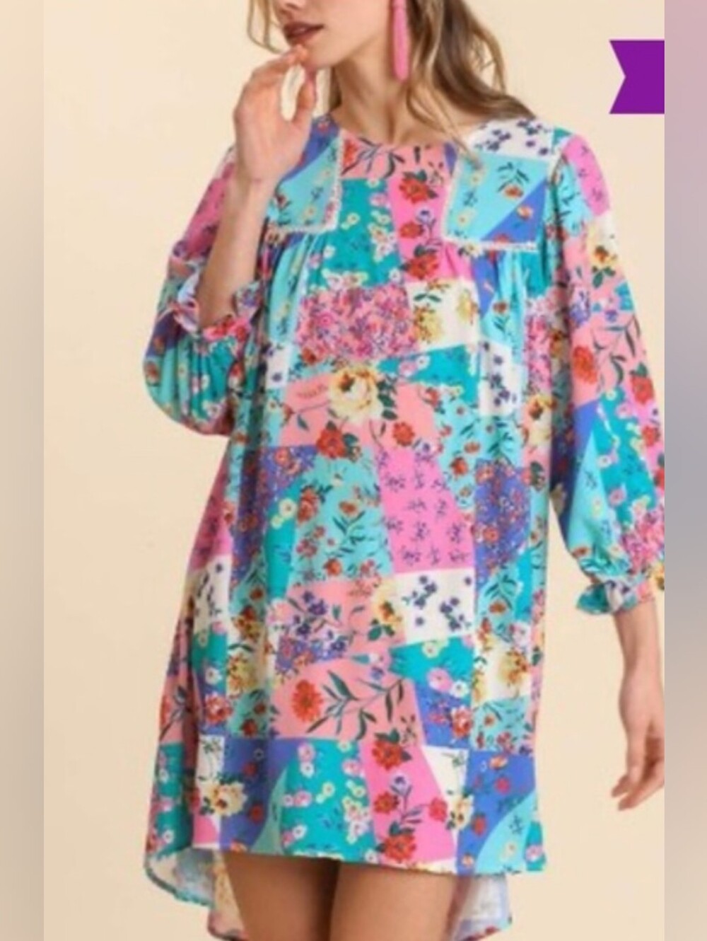 🌼B2G1🌼 Umgee Patchwork Floral Mini Dress in Pink & Turquoise